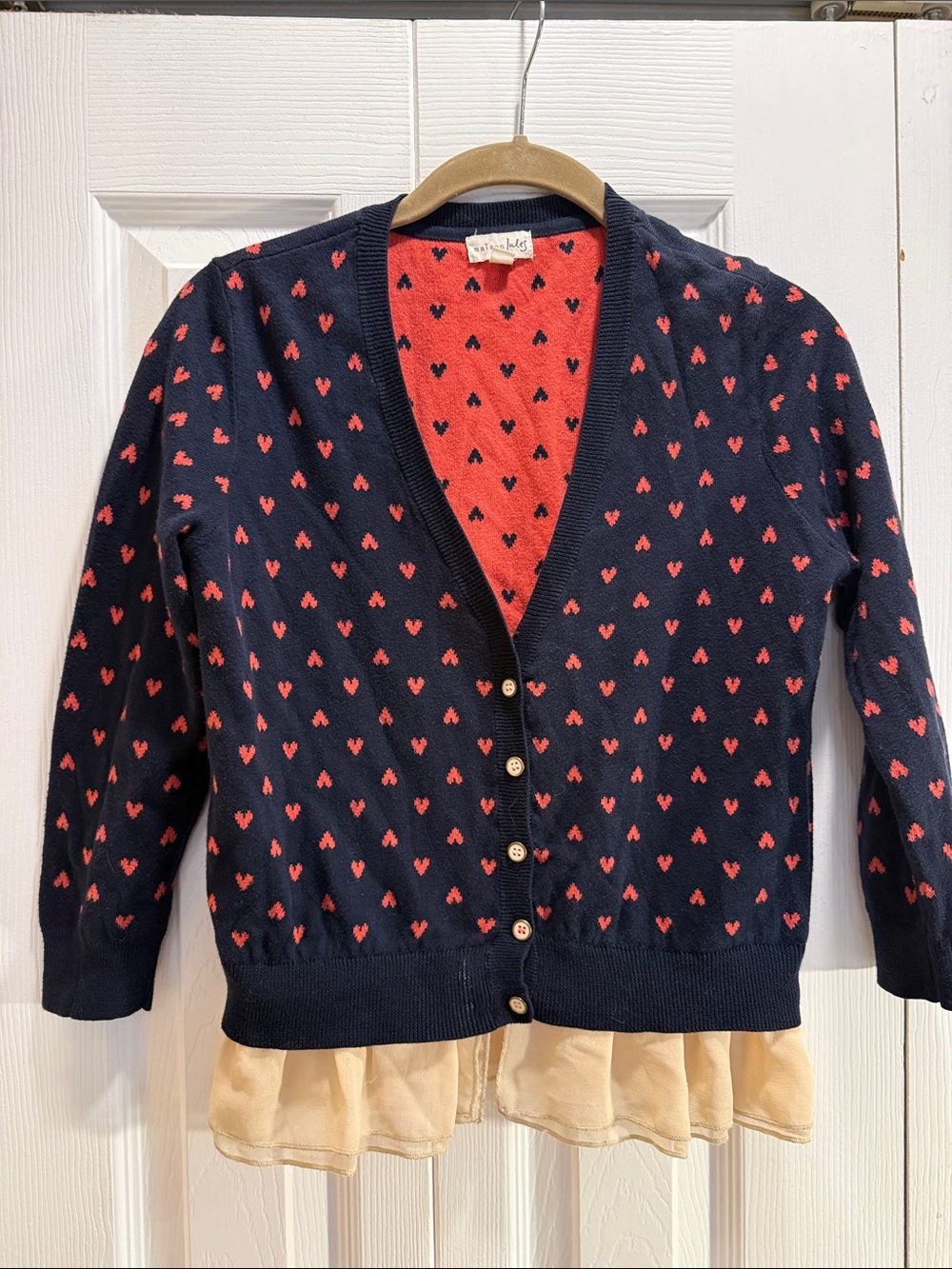 Maison Jules Navy Cardigan with Coral Heart Jacquard and Cream Ruffle Hem